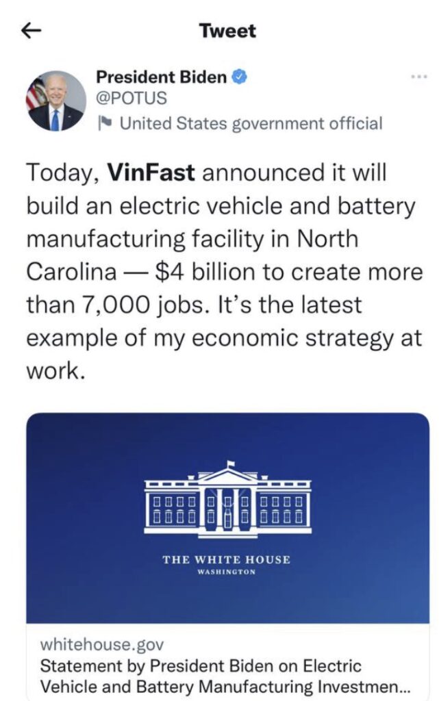 Tổng thống Hoa Kỳ Joe Biden đăng dòng "tweet" về sự kiện VinFast công bố xây nhà máy sản xuất tại Bắc Carolina
